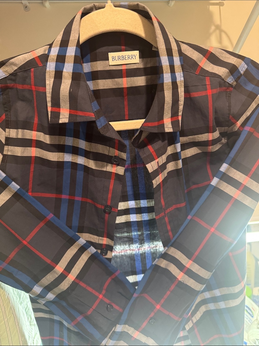 Burberry Black Plaid Button-Down Shirt with Blue & Red Stripes - Picture 2 of 2